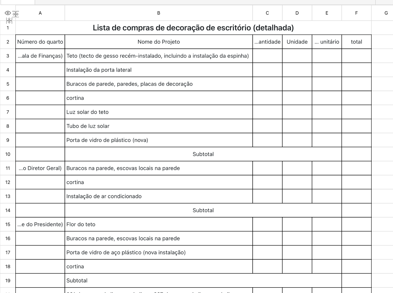 Lista de compras de decoração de escritório (detalhada)